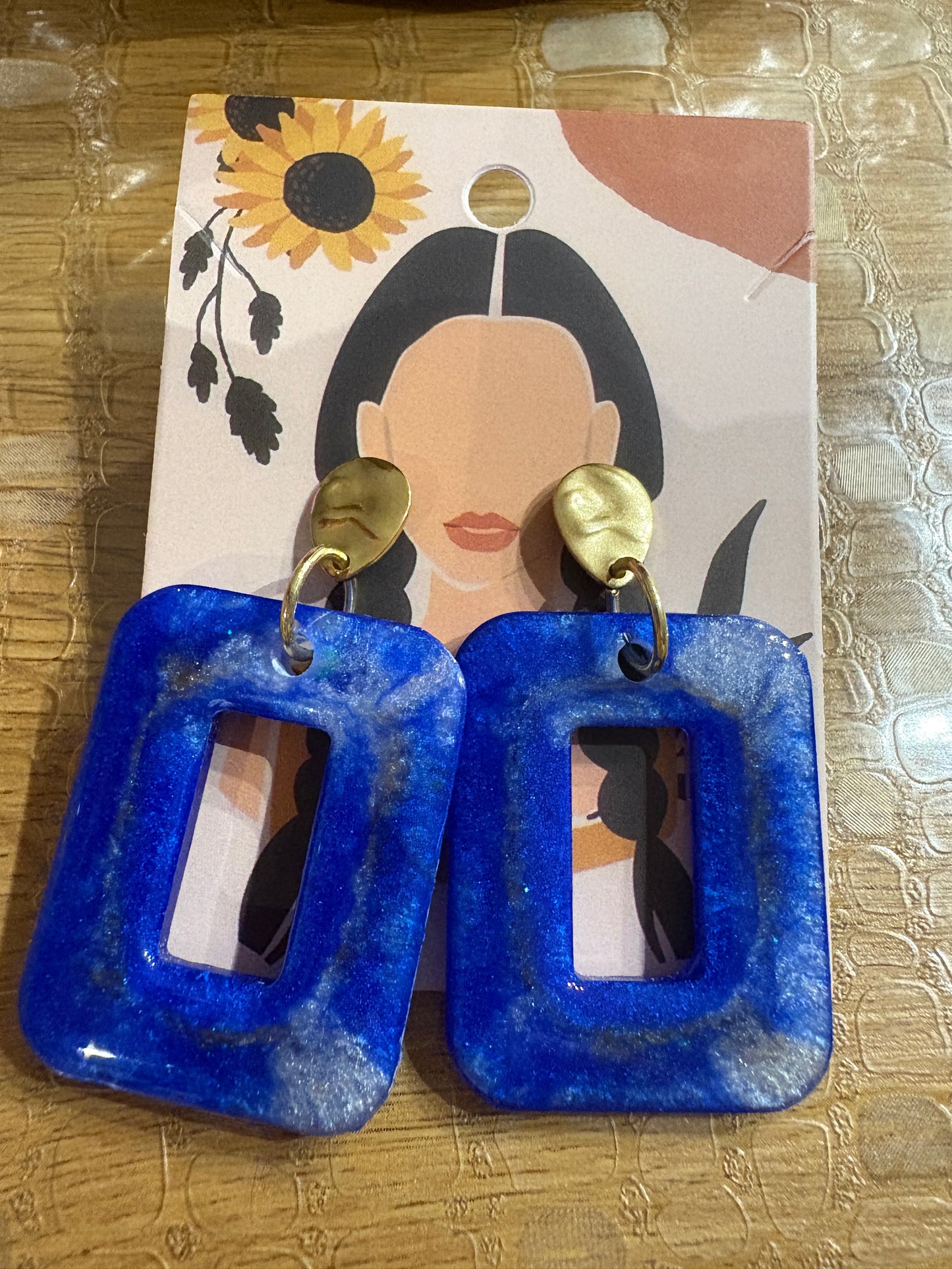 Boucles d'Oreilles Rectangulaires Bleu Argenté Dégradé Clou Doré - SUZANNE