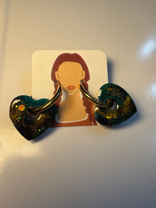 Boucles d'Oreilles Créoles Cœur Vert Émeraude Galaxie Paillettes - ALIENOR