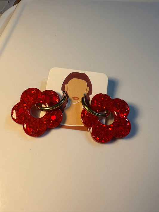 Boucles d'Oreilles Créoles Fleur Rouge Paillettes Scintillantes - CAMILLE