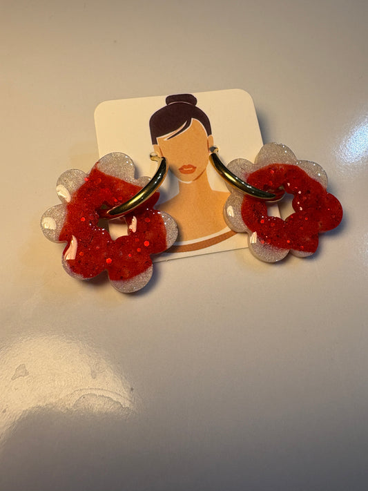 Boucles d'Oreilles Créoles Double Fleur Rouge Argenté - ELLA