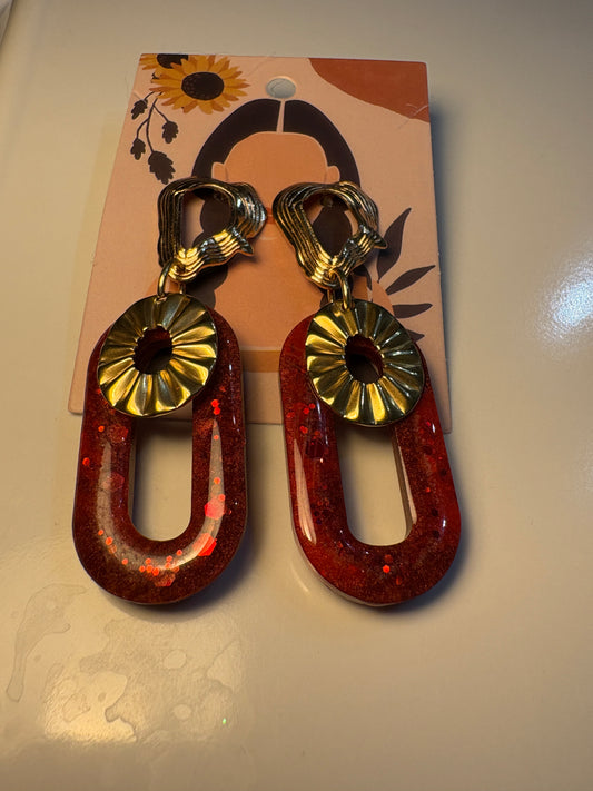 Boucles d'Oreilles Pendantes Rouge Paillettes Rosace Dorée - FAUSTINE