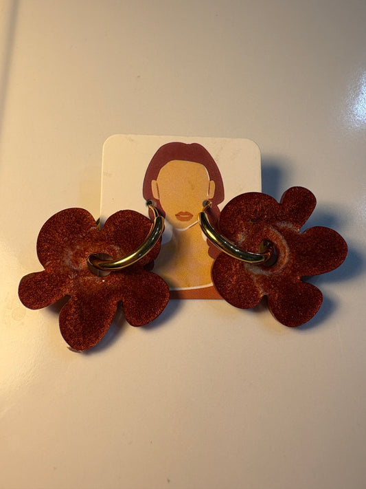 Boucles d'Oreilles Créoles Fleur Marron Cuivré Paillettes - GARANCE
