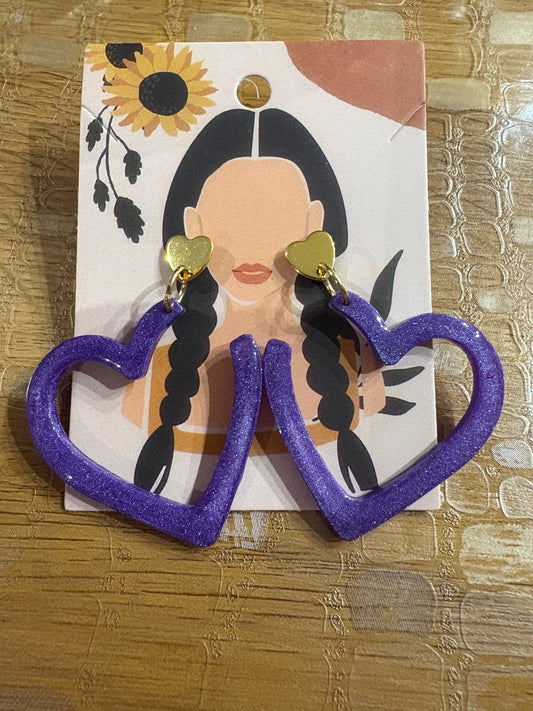 Boucles d'Oreilles Cœur Violet Pailleté Clou Doré - HELOISE