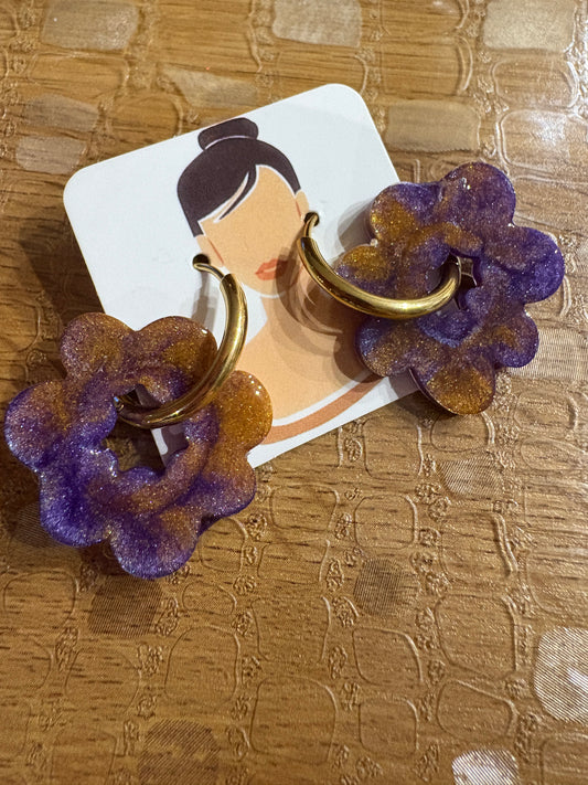 Boucles d'Oreilles Pampilles Fleur Dégradé Violet Doré - JOSEPHINE