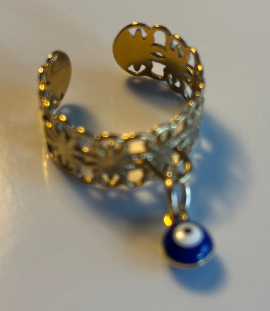 Bague Dorée avec Pendentif Bleu œil de protection