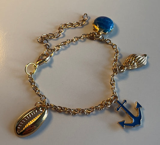 Bracelet Acier Inoxydable Thème Marin - Ancre, Coquillage et Pierre Bleue