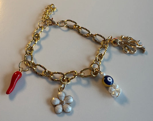 Bracelet Doré Porte-Bonheur - Piment, Œil de Protection et Fleur