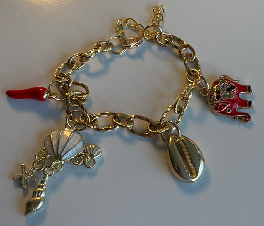 Bracelet Doré Thème Marin - Coquillages, Piment et éléphant
