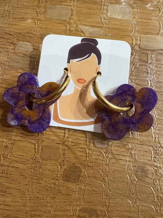 Boucles d'Oreilles Créoles Fleur Dégradé Violet Doré - JUDITH