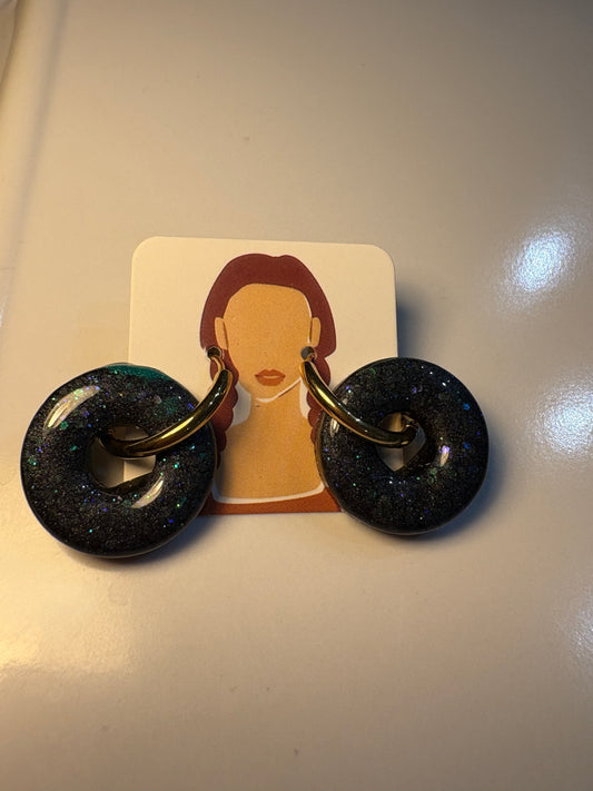 Boucles d'Oreilles Créoles Donut Noir Galaxie Paillettes Holographiques - MARGOT