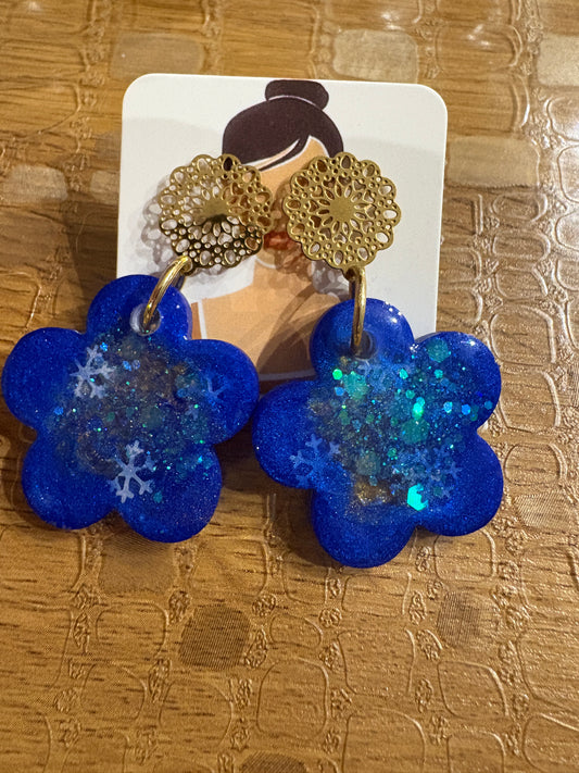 Boucles d'Oreilles Pampilles Fleur Bleue Rosace Dorée - MARIAM