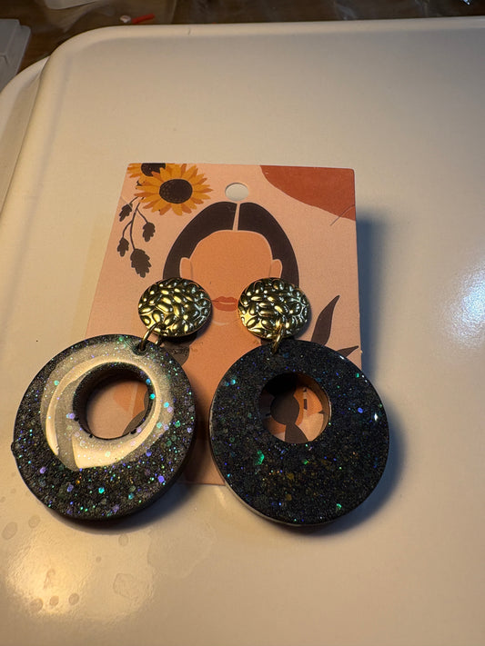 Boucles d'Oreilles Pendantes Double Anneau Noir Galaxie Paillettes - MARINETTE