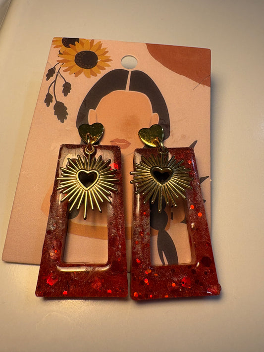 Boucles d'Oreilles Pendantes Cœur Rayonnant Rouge Paillettes - SIDONIE