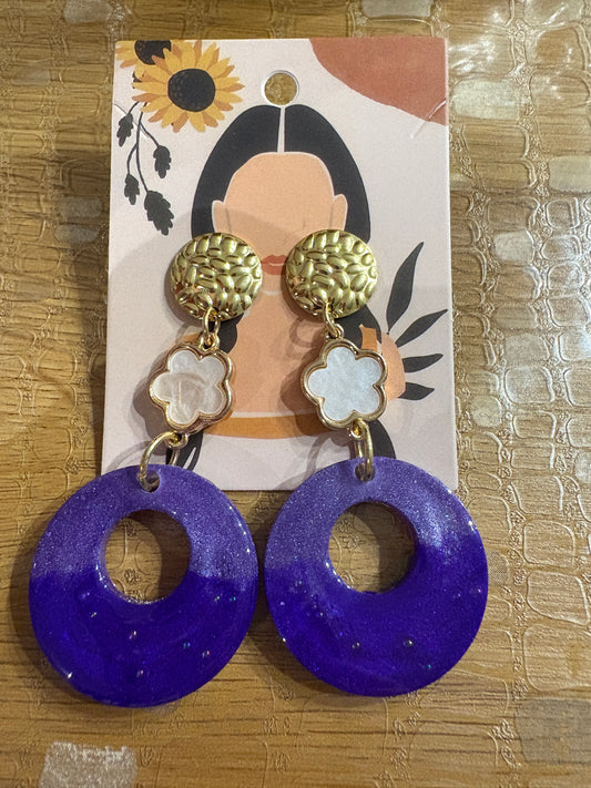 Boucles d'Oreilles Pendantes Violet Trèfle Nacré Doré - VALENTINE