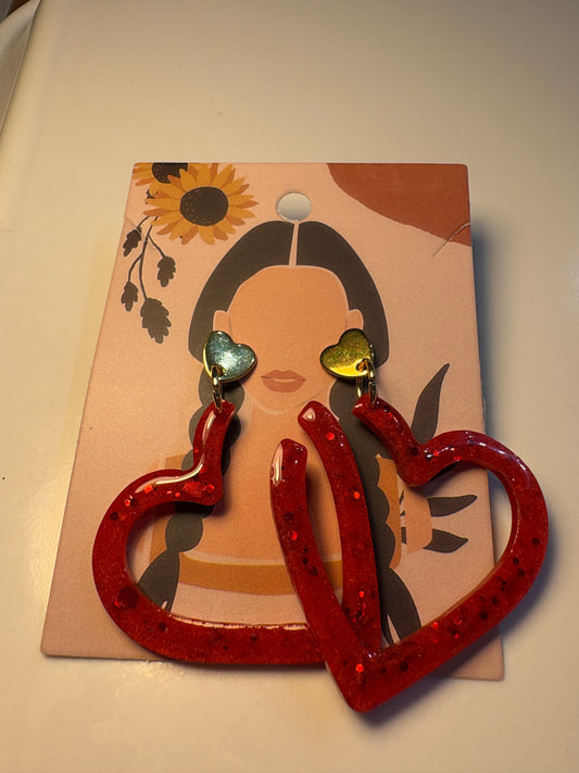Boucles d'Oreilles Pendantes Cœur Rouge Paillettes Clou Métallisé - VICTOIRE